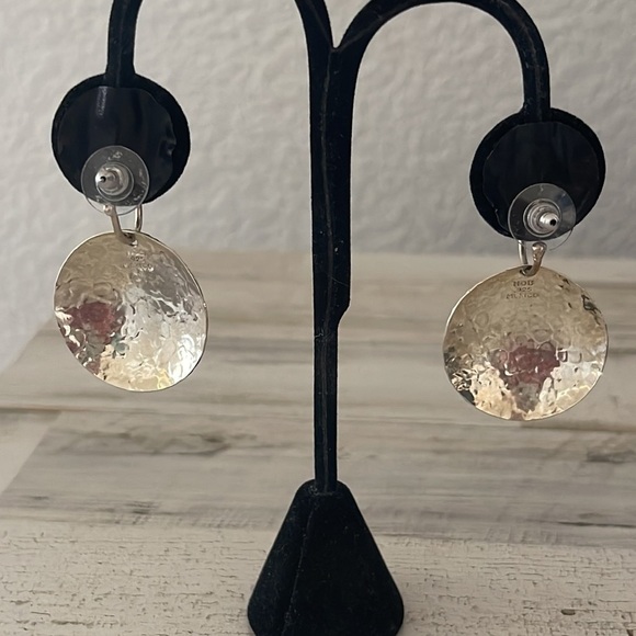 Vintage Silver Hammered Disc Drop Earrings. - Picture 2 of 5
